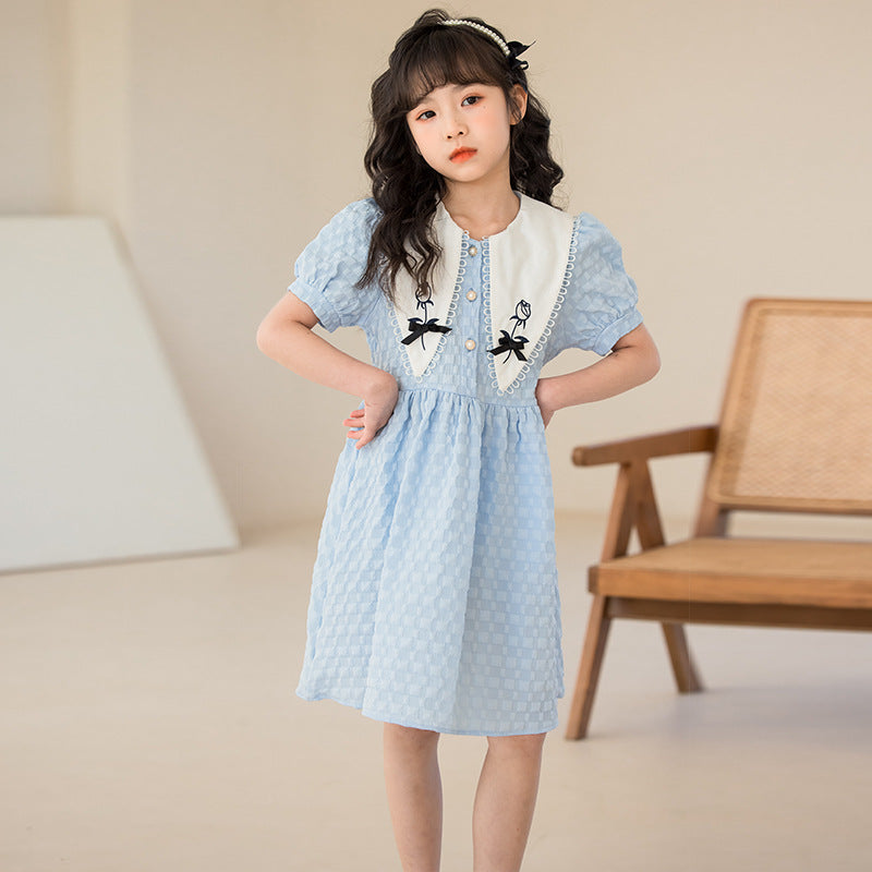 Girls Blue Puff Sleeve Bow Detailed Cotton Fit & Flare Midi Dress