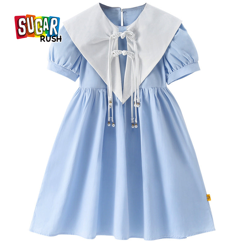 Girls Blue Puff Sleeves Cotton Bow Detailed Fit & Flare Dress