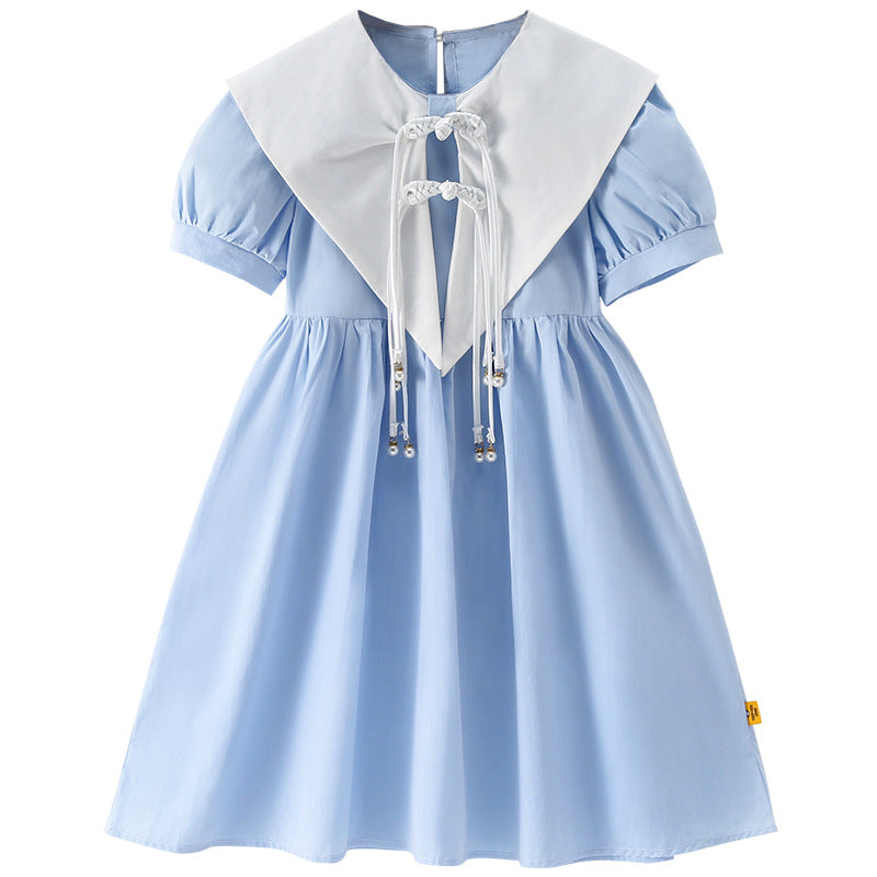 Girls Blue Puff Sleeves Cotton Bow Detailed Fit & Flare Dress