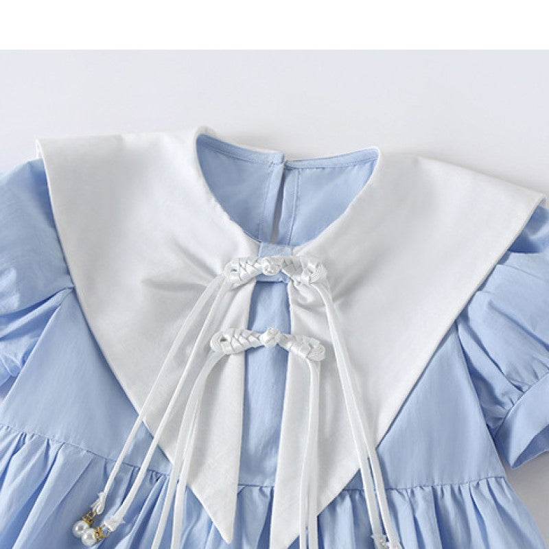 Girls Blue Puff Sleeves Cotton Bow Detailed Fit & Flare Dress