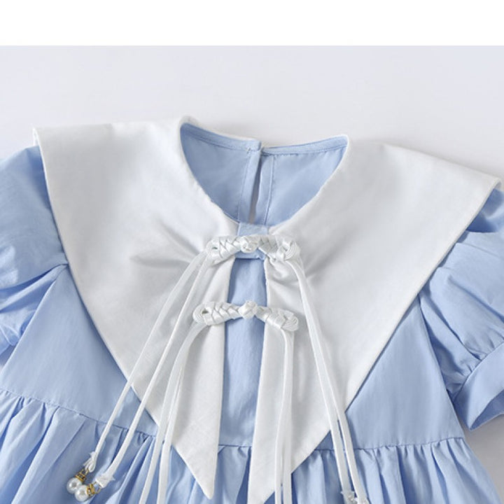 Girls Blue Puff Sleeves Cotton Bow Detailed Fit & Flare Dress