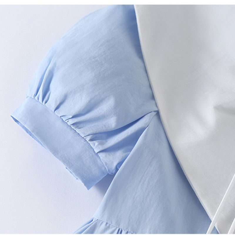 Girls Blue Puff Sleeves Cotton Bow Detailed Fit & Flare Dress