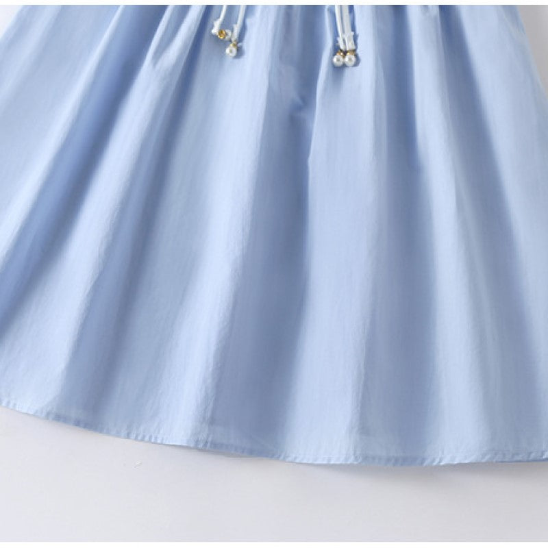 Girls Blue Puff Sleeves Cotton Bow Detailed Fit & Flare Dress