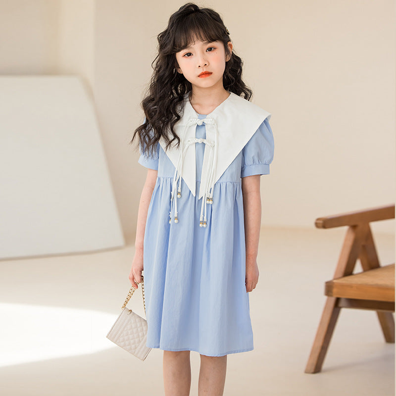 Girls Blue Puff Sleeves Cotton Bow Detailed Fit & Flare Dress