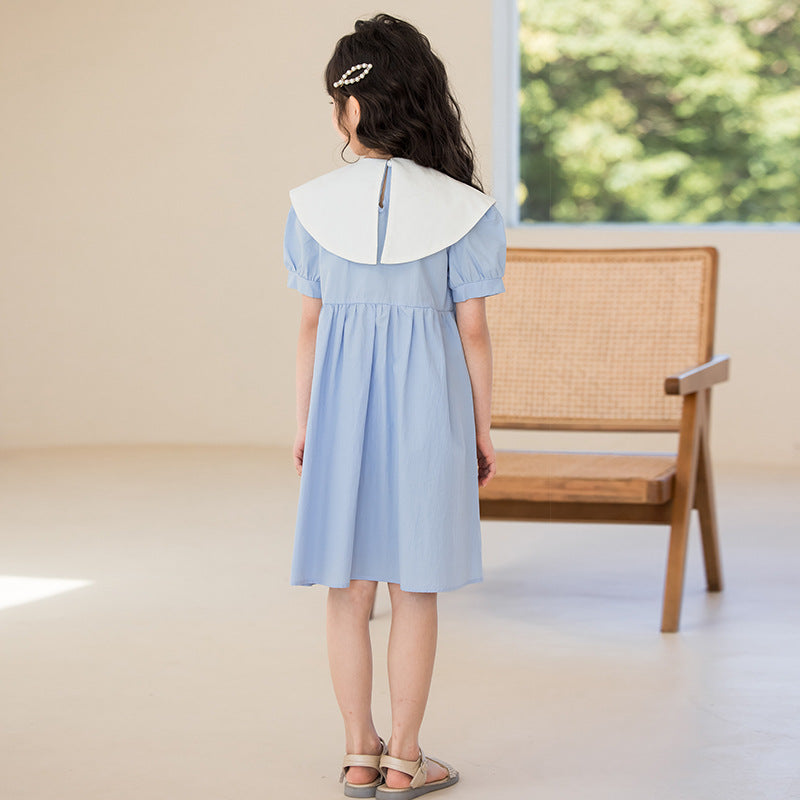 Girls Blue Puff Sleeves Cotton Bow Detailed Fit & Flare Dress