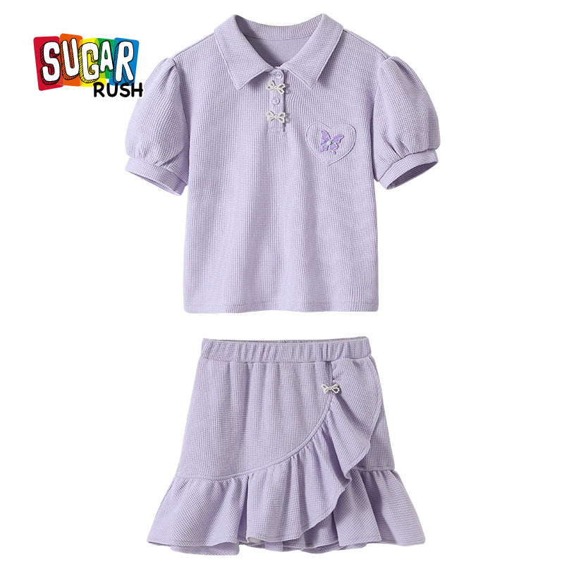 Girls Purple Shirt Collar Pure Cotton Top with Skirt