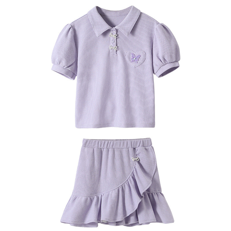Girls Purple Shirt Collar Pure Cotton Top with Skirt