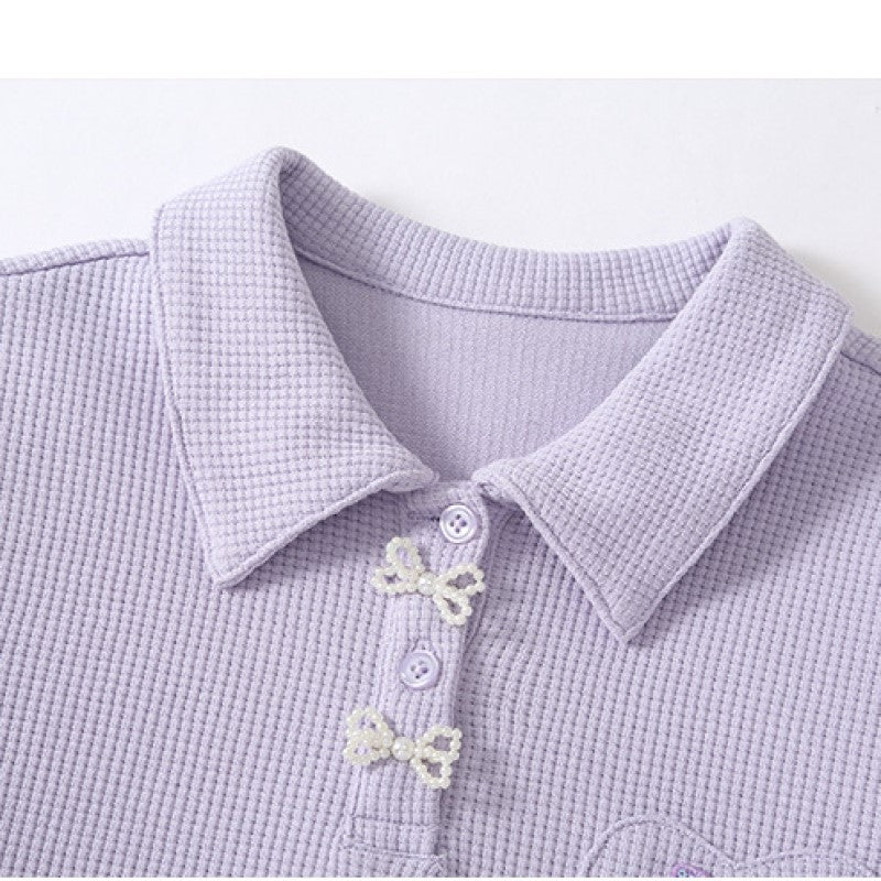 Girls Purple Shirt Collar Pure Cotton Top with Skirt