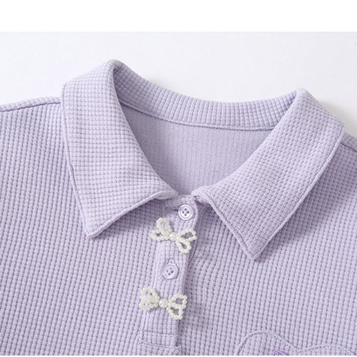 Girls Purple Shirt Collar Pure Cotton Top with Skirt