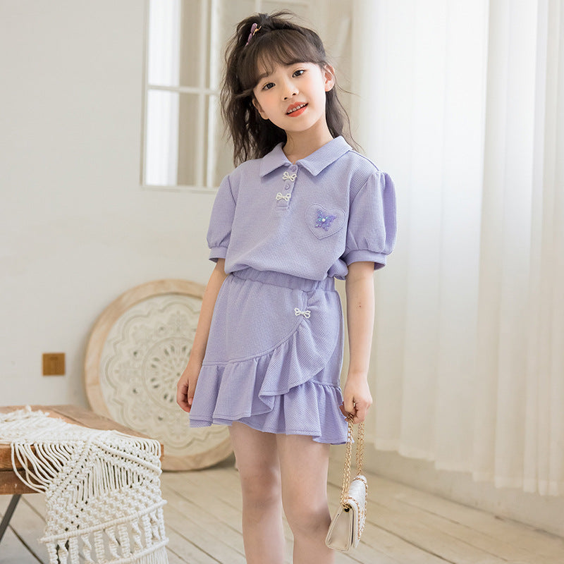 Girls Purple Shirt Collar Pure Cotton Top with Skirt