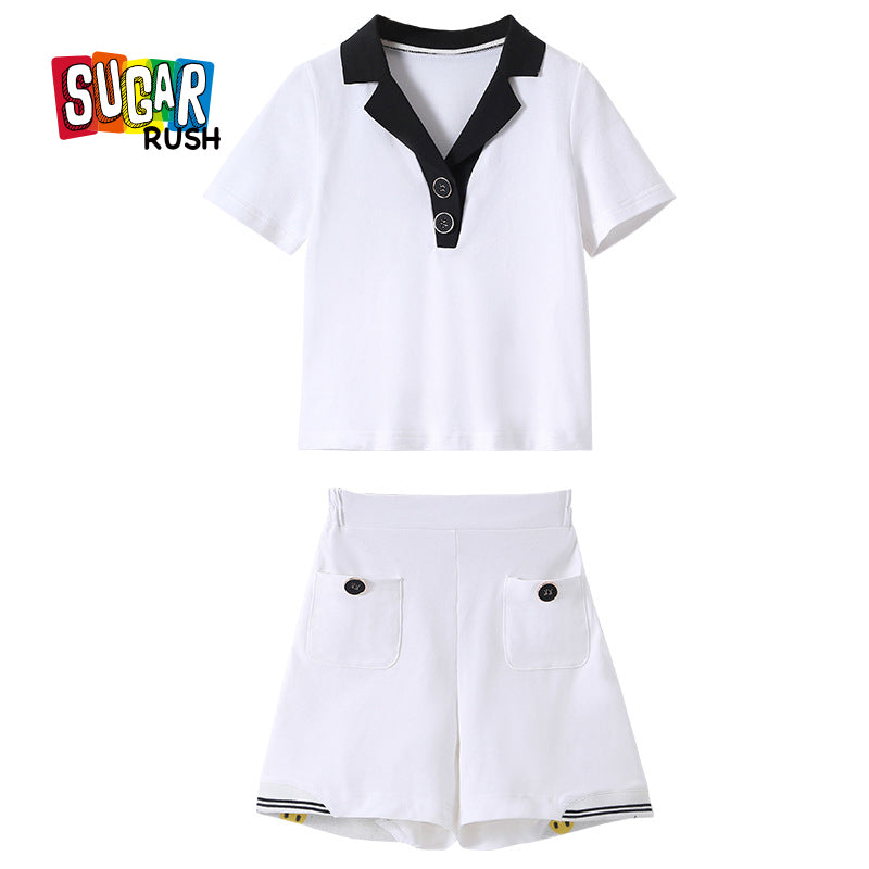 Girls White Polo Collar Pure Cotton Top with Shorts