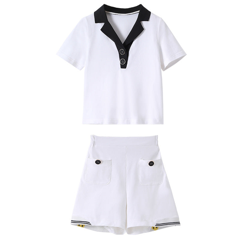 Girls White Polo Collar Pure Cotton Top with Shorts