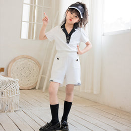 Girls White Polo Collar Pure Cotton Top with Shorts