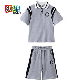 Girls Grey Shirt Collar Pure Cotton Top with Shorts