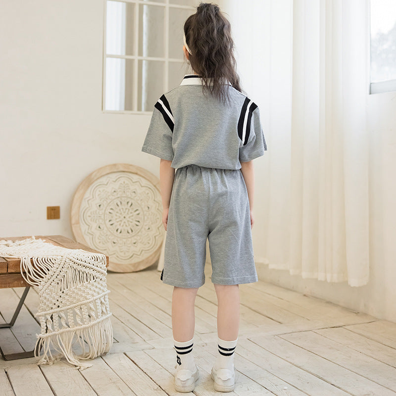 Girls Grey Shirt Collar Pure Cotton Top with Shorts