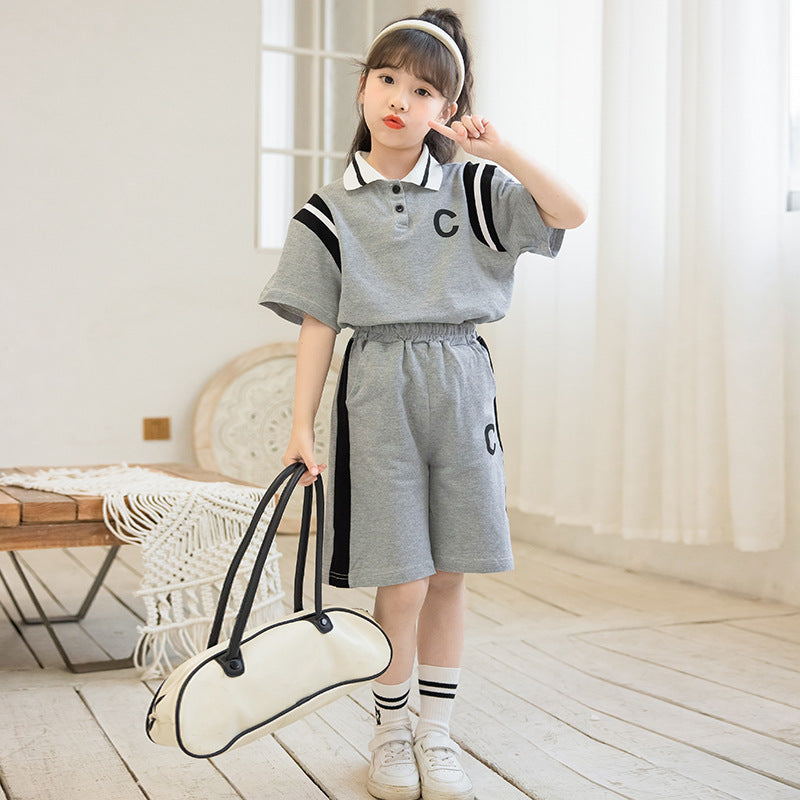 Girls Grey Shirt Collar Pure Cotton Top with Shorts