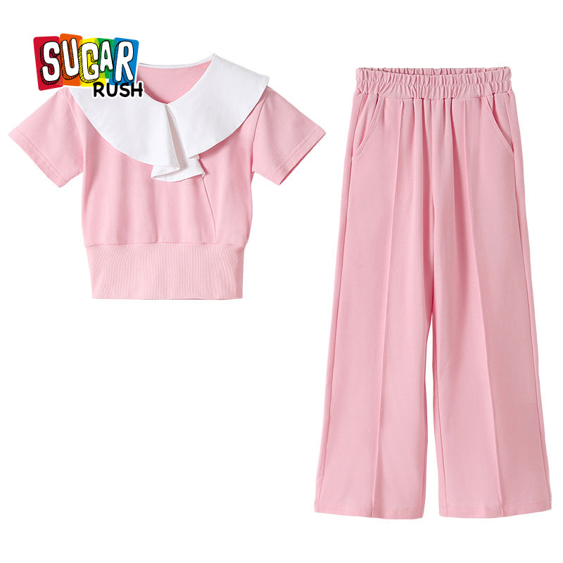 Girls Pink Colourblocked Pure Cotton Top with Pyjamas