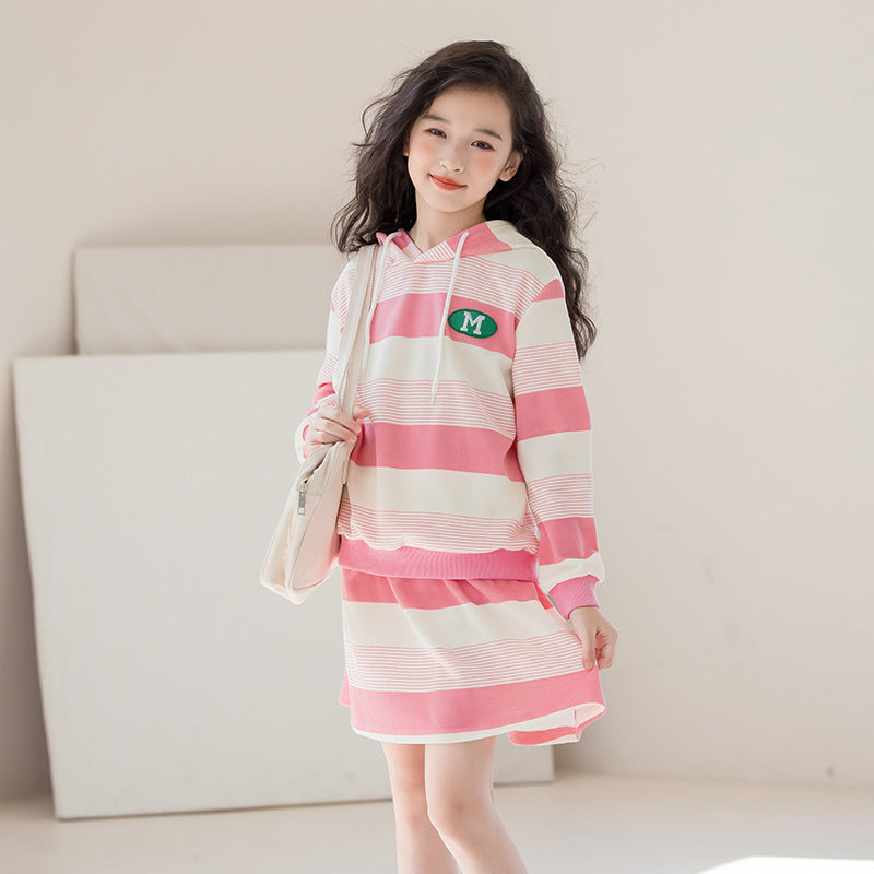 Girls Striped Pure Cotton Top With Skirt