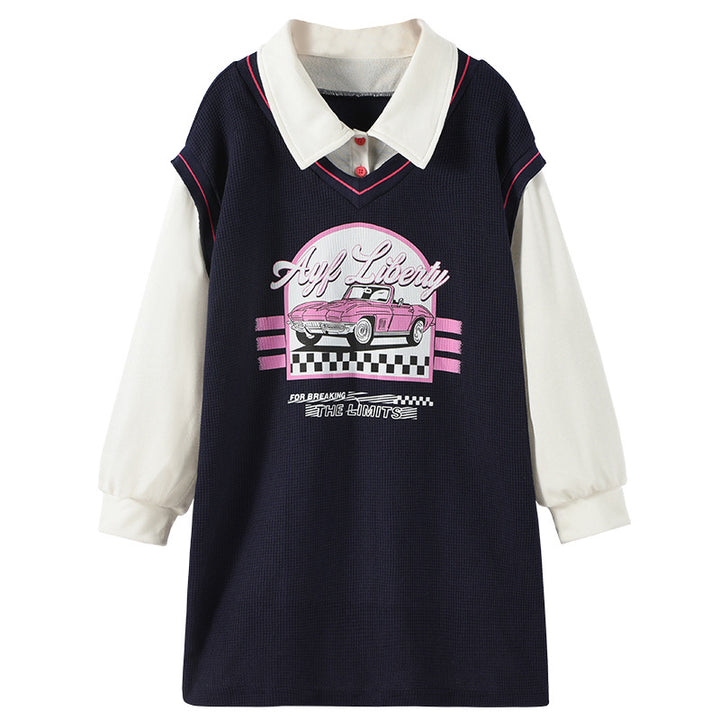 Navy Blue & White Graphic Printed T-shirt Dress