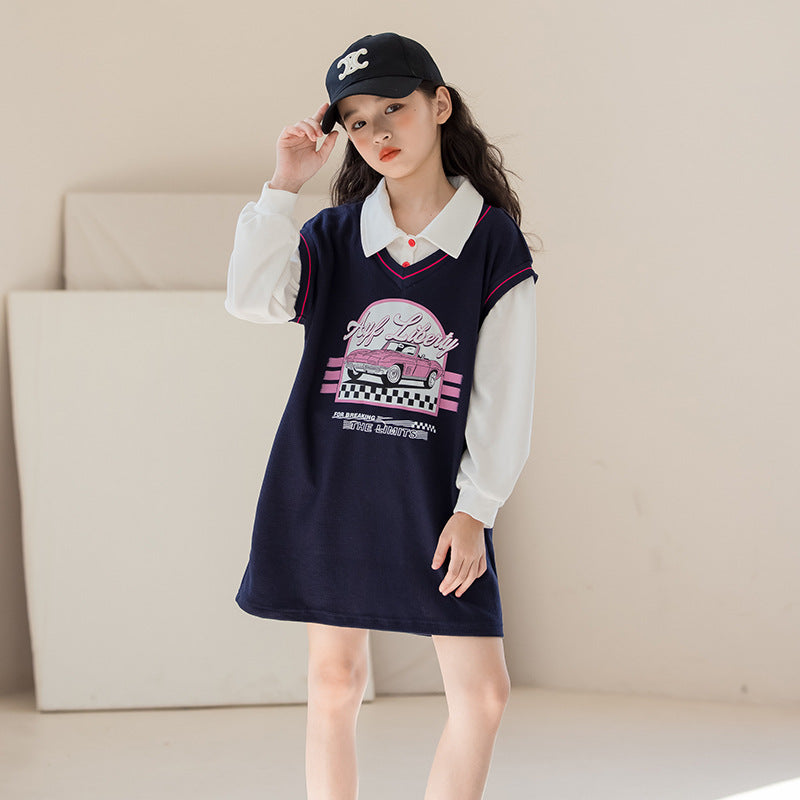 Navy Blue & White Graphic Printed T-shirt Dress