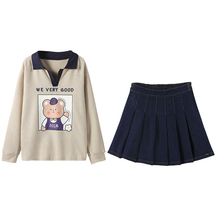 Girls Beige & Black Printed T-shirt with Skirt