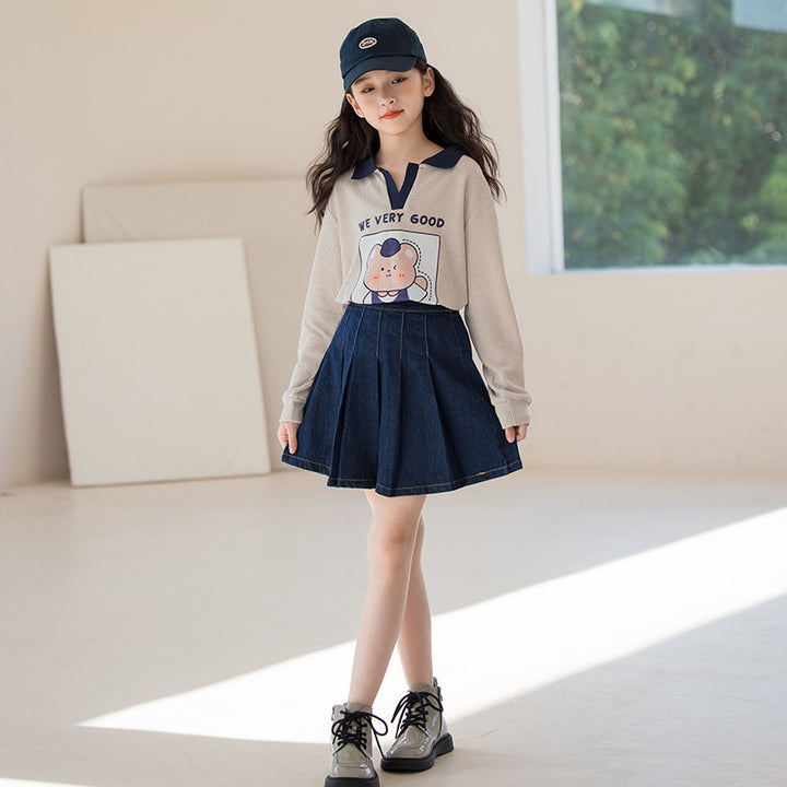 Girls Beige & Black Printed T-shirt with Skirt