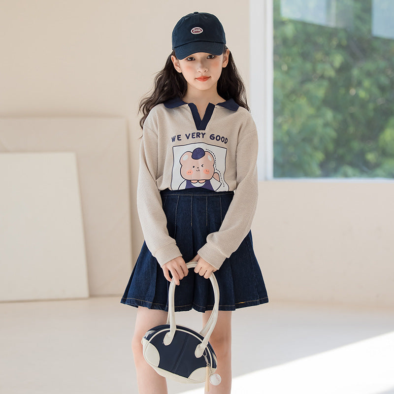 Girls Beige & Black Printed T-shirt with Skirt