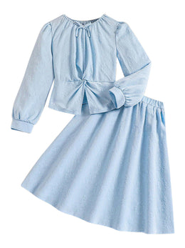 Girls Floral Woven Design Round Neck Top With Skirt