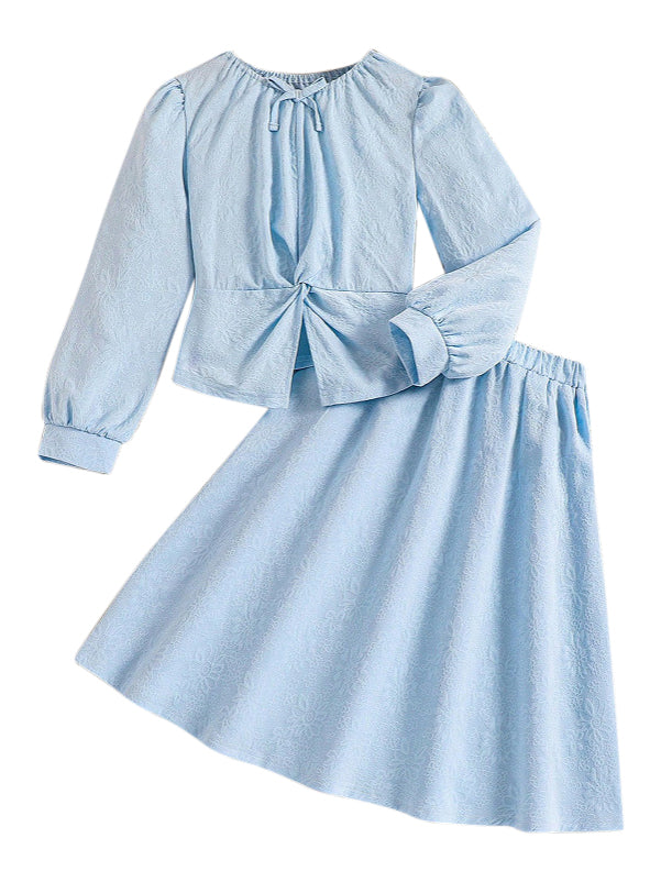 Girls Floral Woven Design Round Neck Top With Skirt