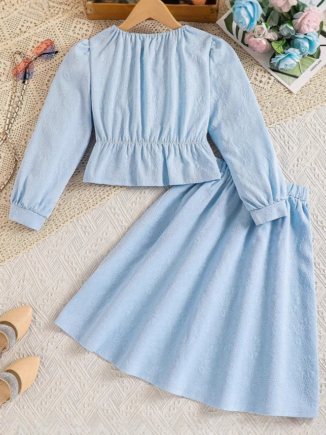 Girls Floral Woven Design Round Neck Top With Skirt