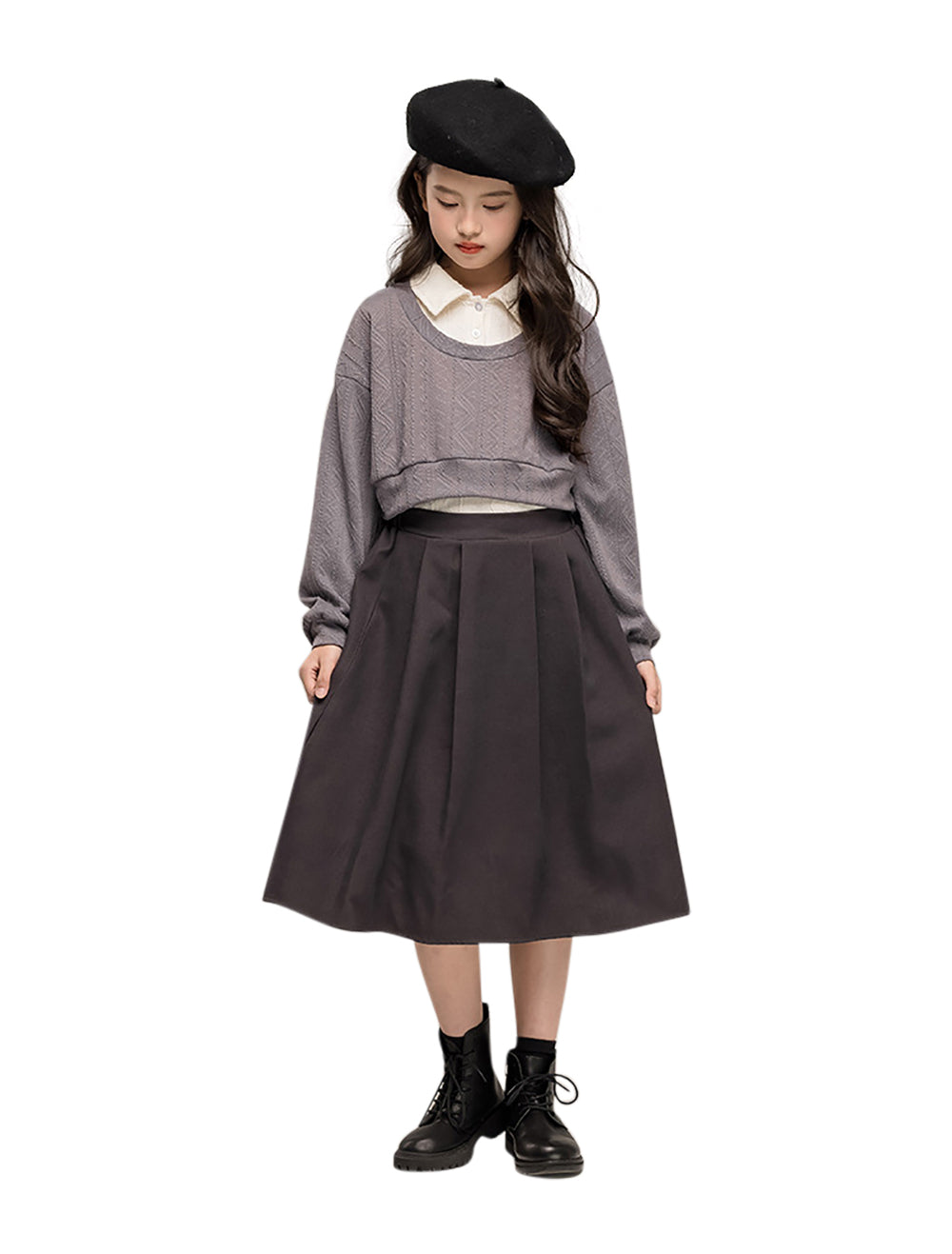 Girls Round Neck Long Sleeves Top With Skirt