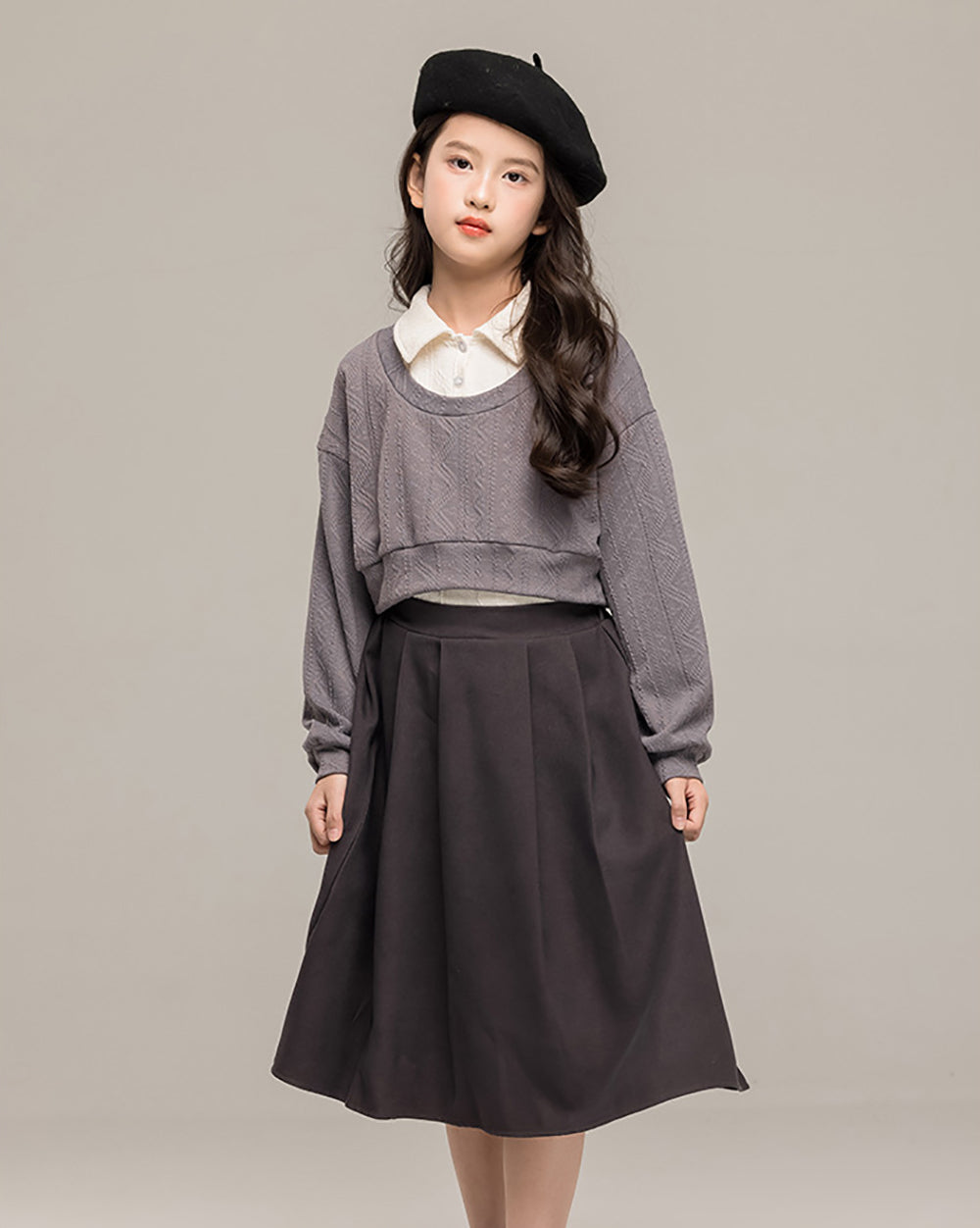 Girls Round Neck Long Sleeves Top With Skirt