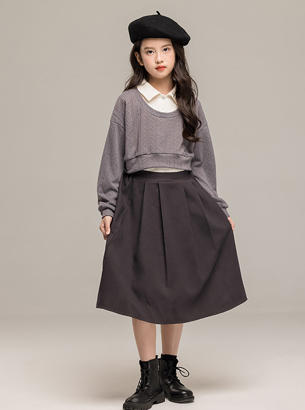 Girls Round Neck Long Sleeves Top With Skirt