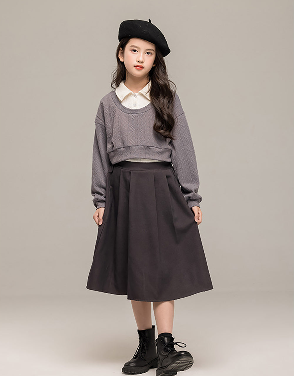 Girls Round Neck Long Sleeves Top With Skirt