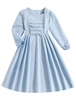 Girls Solid Pleated Square Neck A-Line Midi Dress