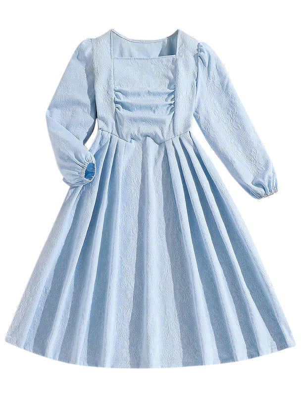 Girls Solid Pleated Square Neck A-Line Midi Dress