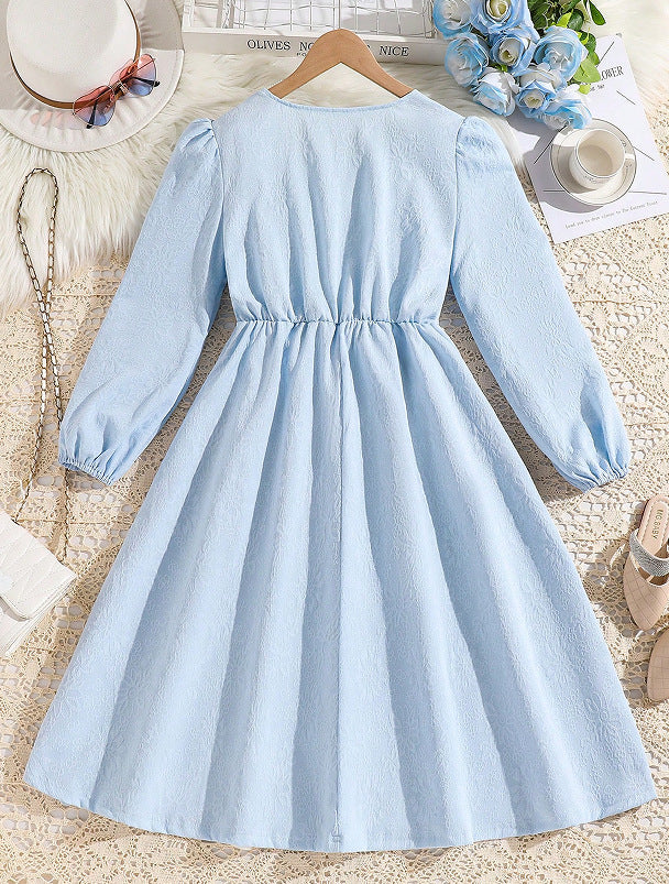 Girls Solid Pleated Square Neck A-Line Midi Dress
