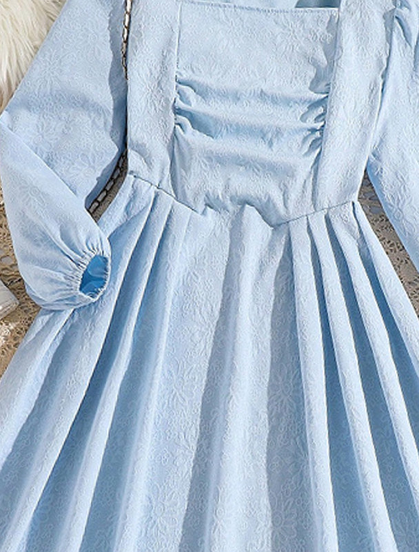 Girls Solid Pleated Square Neck A-Line Midi Dress