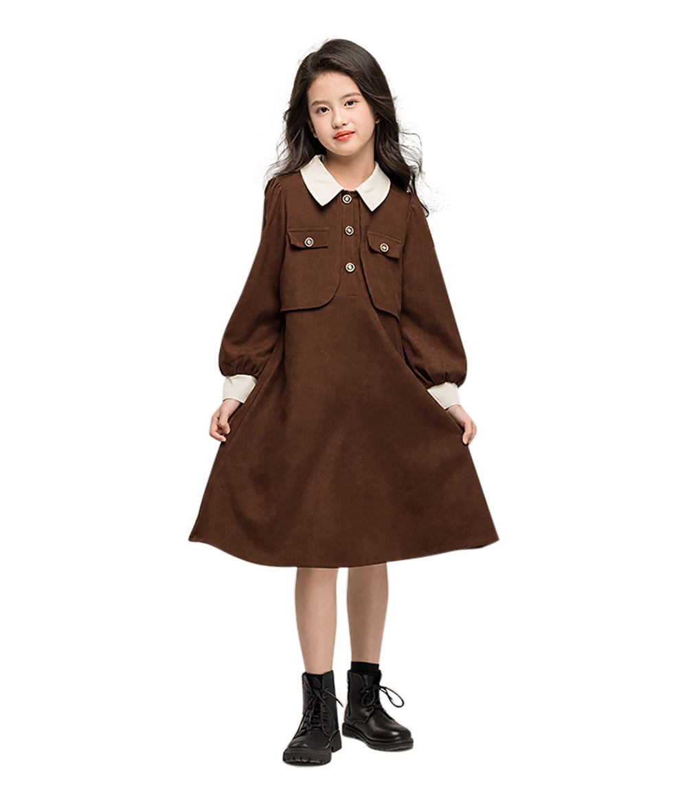 Girls Shirt Collar A-Line Dress
