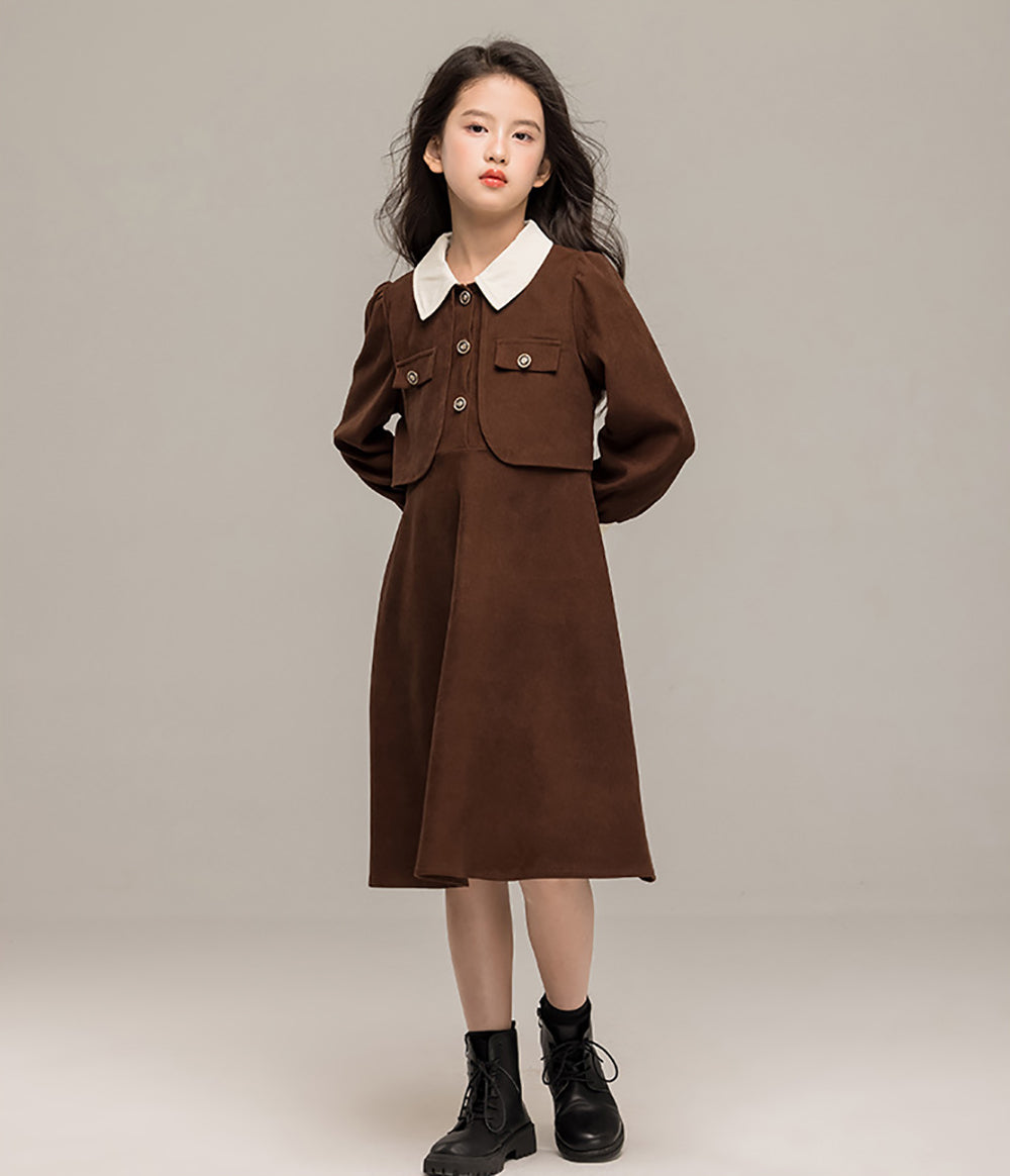 Girls Shirt Collar A-Line Dress