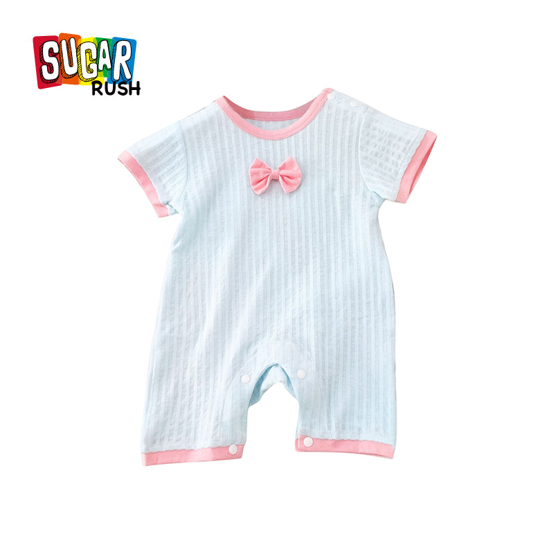 Blue Infant Girls Striped Round Neck Short Sleeves Cotton Romper