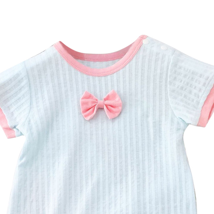 Blue Infant Girls Striped Round Neck Short Sleeves Cotton Romper