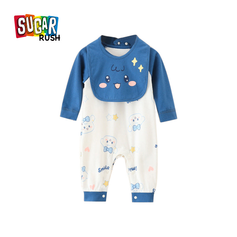 Navy Blue Infant Boys Printed Round Neck Cotton Rompers