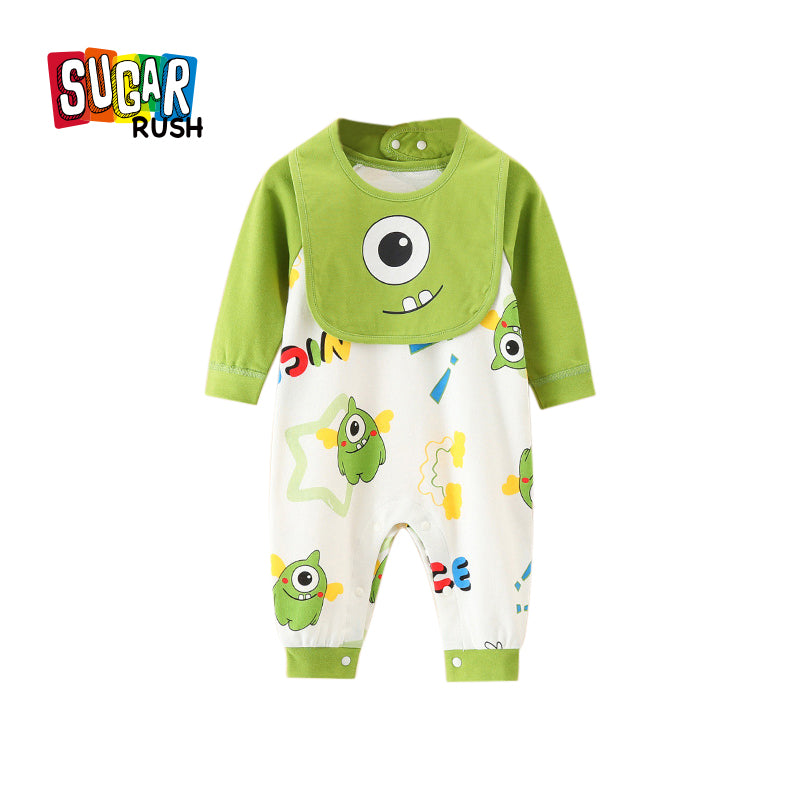 Infant Boys Green Conversational Printed Cotton Rompers