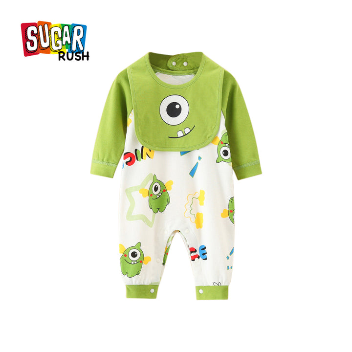 Infant Boys Green Conversational Printed Cotton Rompers