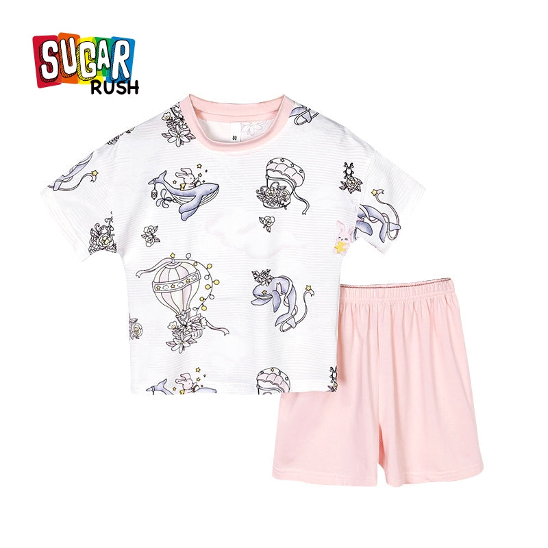 Girls Printed Round Neck T-Shirt With Shorts
