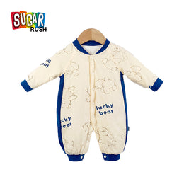 Infant Boys Beige & Blue Abstract Printed Rompers