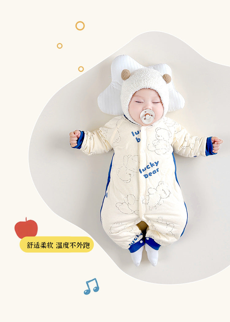 Infant Boys Beige & Blue Abstract Printed Rompers