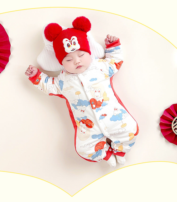 Infants Girls Red Conversational Printed Rompers