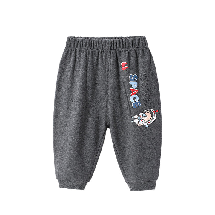 Boys Grey Easy Wash Conversational Printed Mid Rise Cotton Joggers